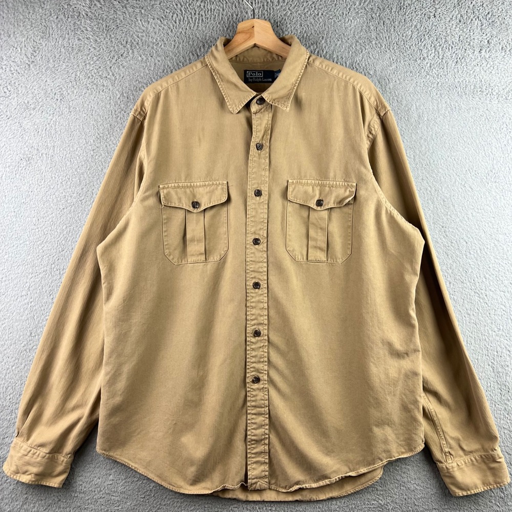 Polo Ralph Lauren Mens XL Silk Cotton Button Down Utility Shirt Tan Khaki